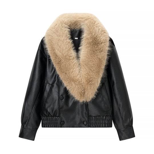 Damen Kurzjacke im Aviatorstil aus Lederoptik mit extragroßem Kunstfellkragen und metallischem Reißverschluss Nord Taschen