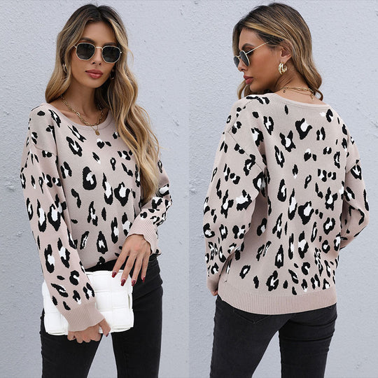 Damen Oversize-Leo-Strickpullover mit Rundhals und überschnittener Schulter Nord Taschen