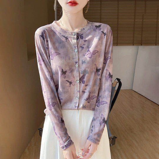 Damen Leichter Aquarell‑Print Feinstrick‑Cardigan mit Rundhalsausschnitt und Knopfleiste Nord Taschen