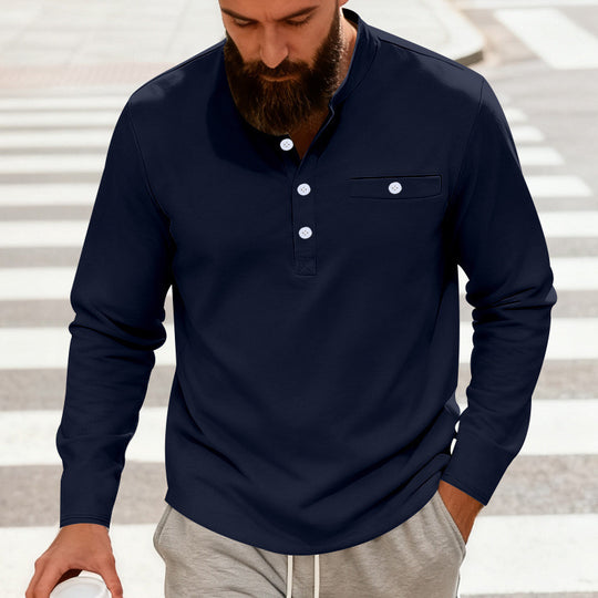 Herren Lässiges Henley-Langarmshirt mit Stehkragen, Brusttasche und abgerundetem Saum Nord Taschen