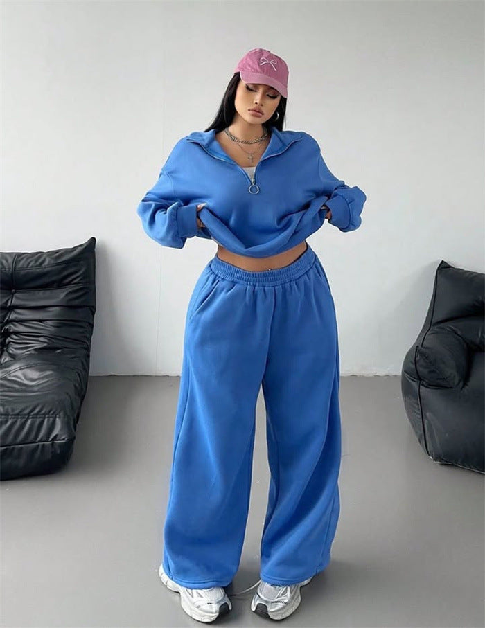 Damen Samt-Cropped-Ziphoodie und weit geschnittene High-Waist Palazzo-Jogginghose Nord Taschen