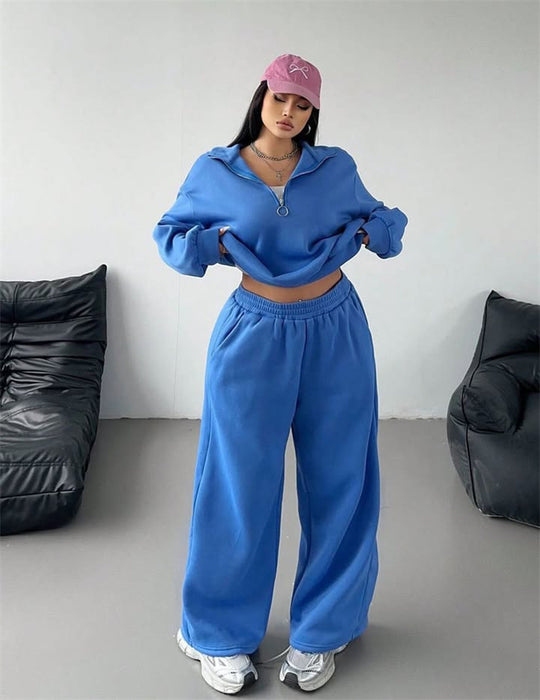 Damen Samt-Cropped-Ziphoodie und weit geschnittene High-Waist Palazzo-Jogginghose Nord Taschen