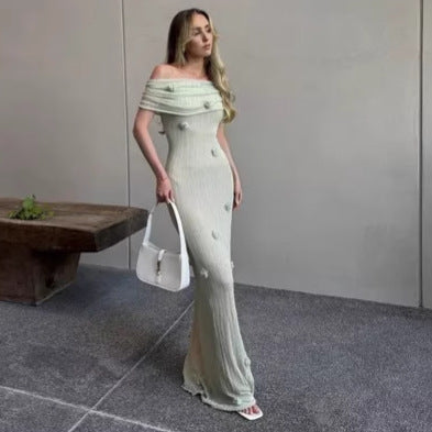 Damen Elegantes Maxikleid mit Off-Shoulder-Design und zarten 3D-Blütenapplikationen
