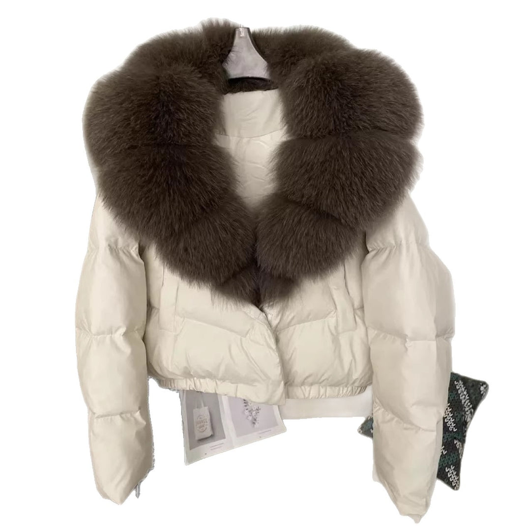 Damen nan kurz geschnittene Boxy-Pufferjacke mit extra großem Webpelzkragen und formstabilem Saum Nord Taschen