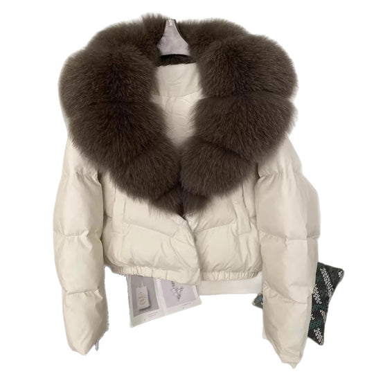 Damen nan kurz geschnittene Boxy-Pufferjacke mit extra großem Webpelzkragen und formstabilem Saum Nord Taschen