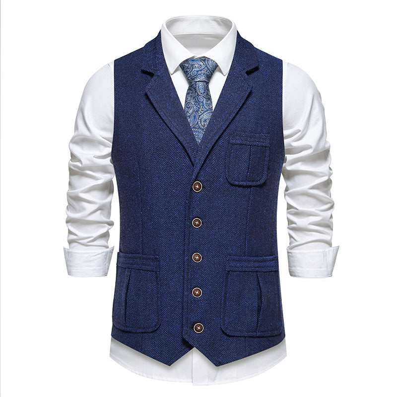 Herren Tweed-Weste mit Fischgrätmuster, Reverskragen und Pattentaschen Nord Taschen