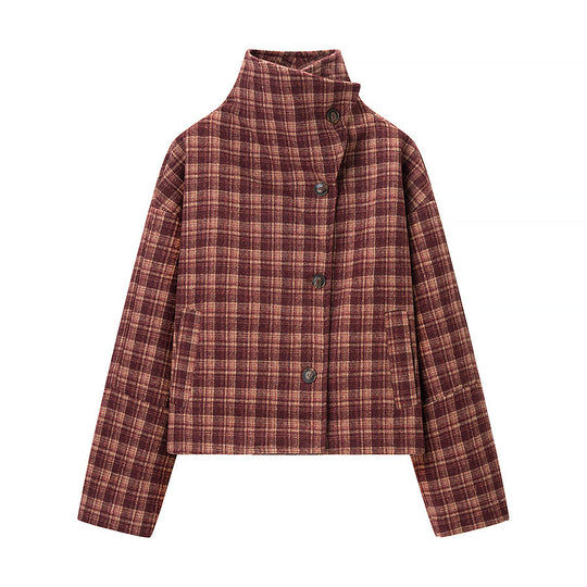 Damen Kurzjacke im Karomuster mit Boxy‑Schnitt, Stehkragen und asymmetrischer Knopfleiste Nord Taschen