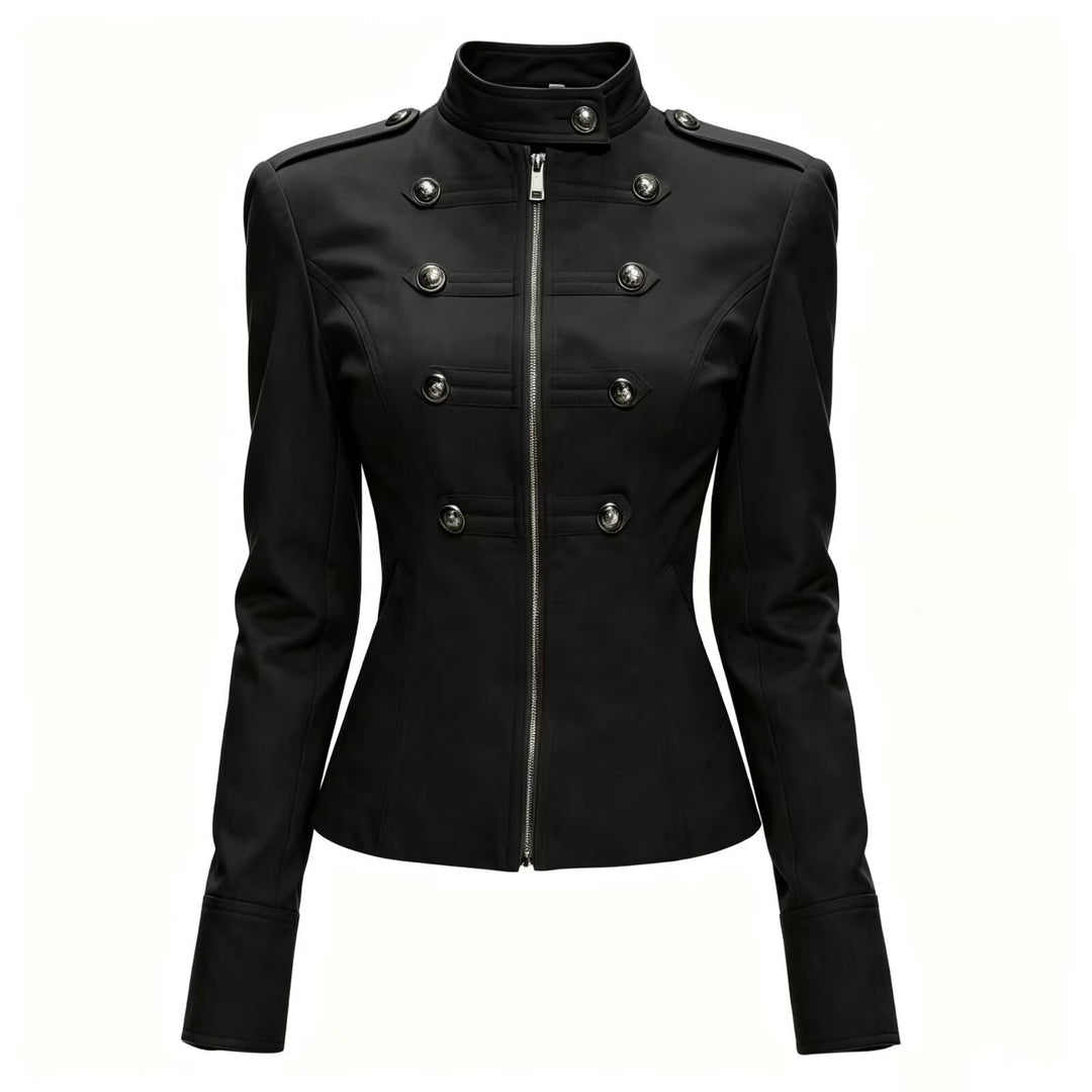 Damen Taillierte Military‑Inspired Jacke mit Stehkragen, Zierknopfreihe und Reißverschluss Nord Taschen