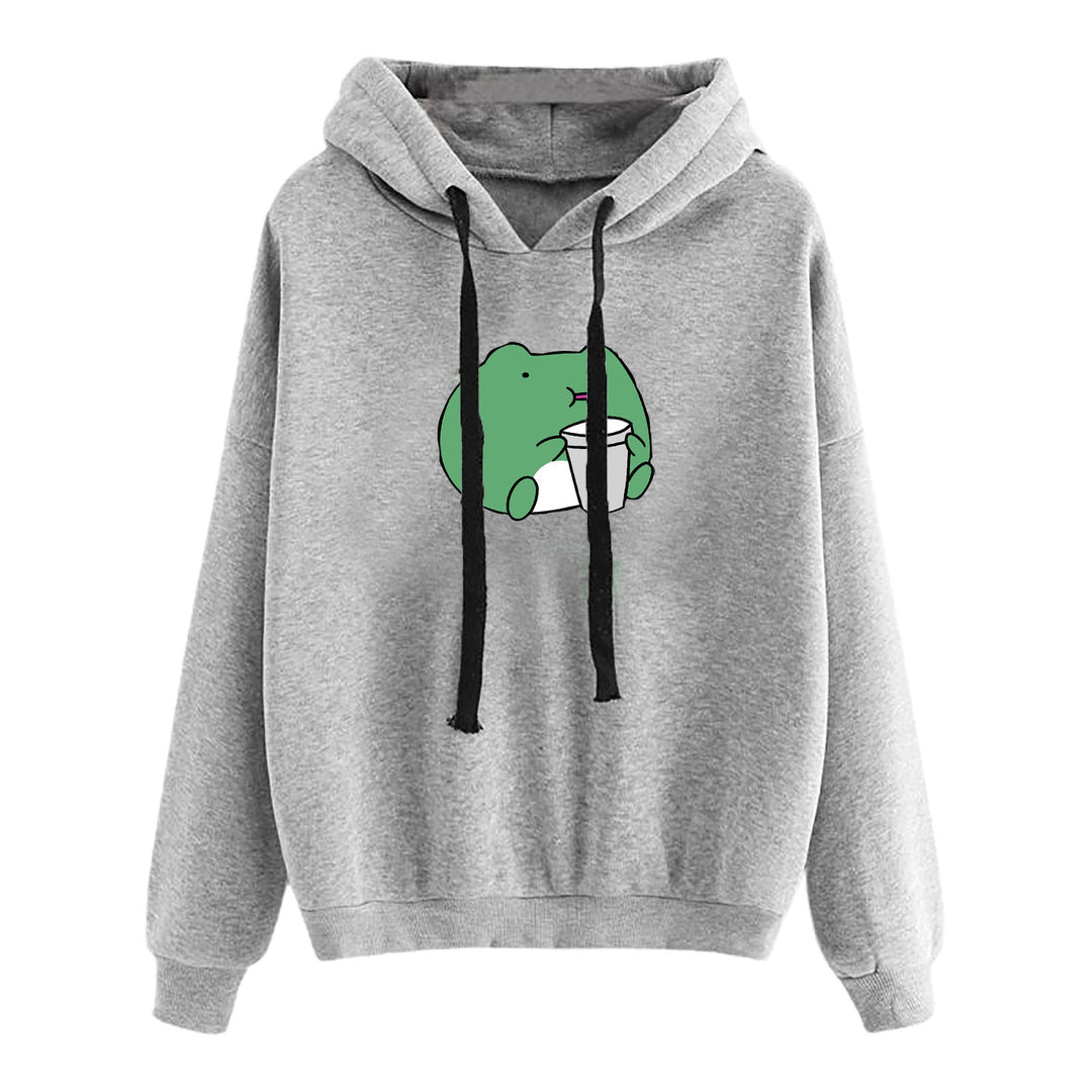 Damen nan kurz geschnittener Cropped-Kapuzenpullover mit niedlicher Frosch-Illustration und verstellbarer Kapuze Nord Taschen