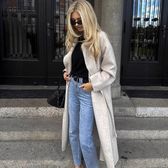 Damen Oversize Wollmix-Mantel mit offenem Fall, weitem Schalkragen und geradem Schnitt Nord Taschen