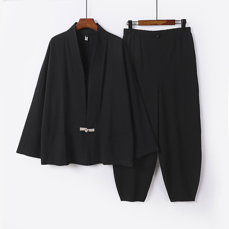 Herren Zen-Relax-Set mit offener Kimono-Jacke, dekorativem Knebelverschluss und tapered Harem-Joggpants Nord Taschen
