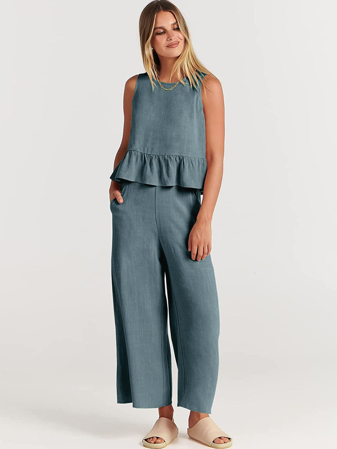 Damen Zweiteiler-Set mit schickem Peplum-Oberteil und weit geschnittenen Hosen
