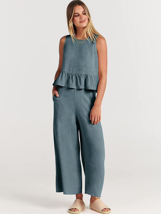 Damen Zweiteiler-Set mit schickem Peplum-Oberteil und weit geschnittenen Hosen