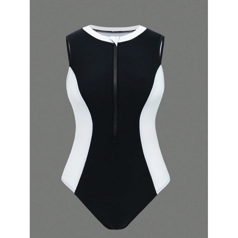 Damen Sportlicher One-Piece Badeanzug mit Reißverschluss und Farbakzenten
