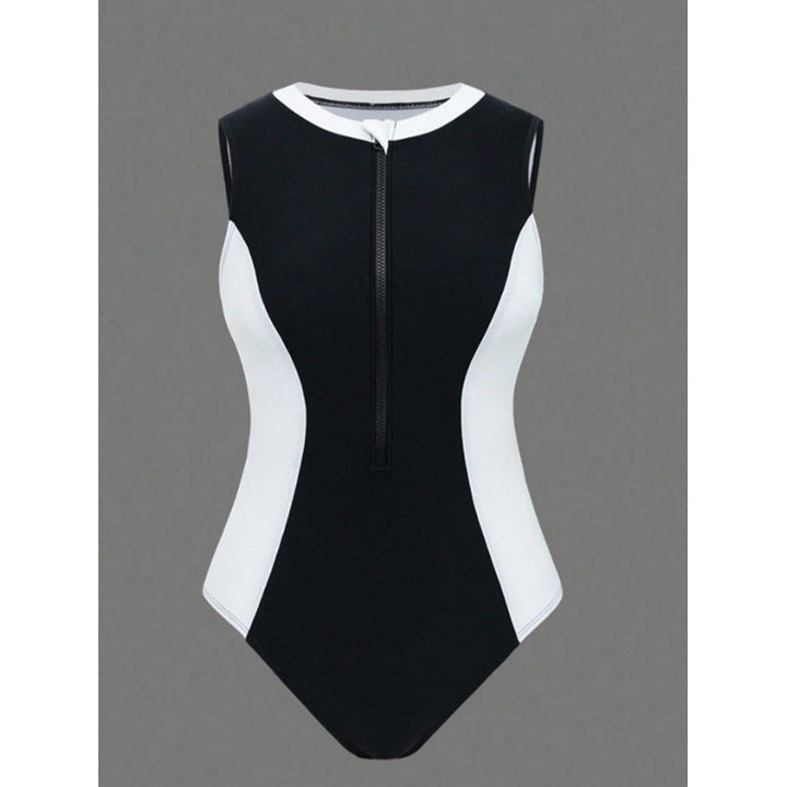 Damen Sportlicher One-Piece Badeanzug mit Reißverschluss und Farbakzenten