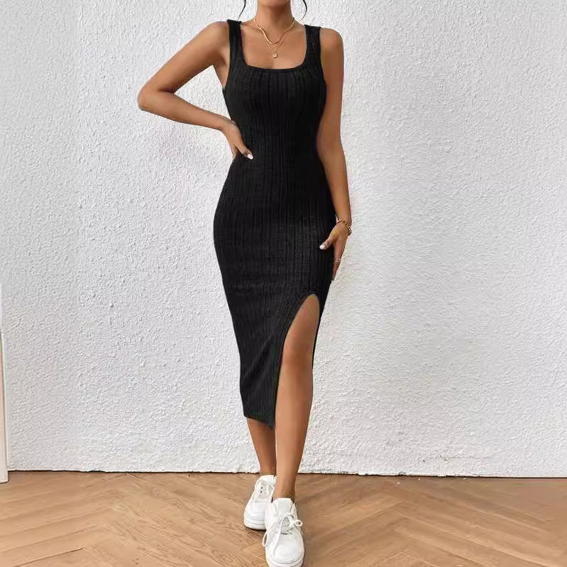 Damen figurbetontes Maxikleid mit hohem Schlitz und dekorativem Rippenmuster