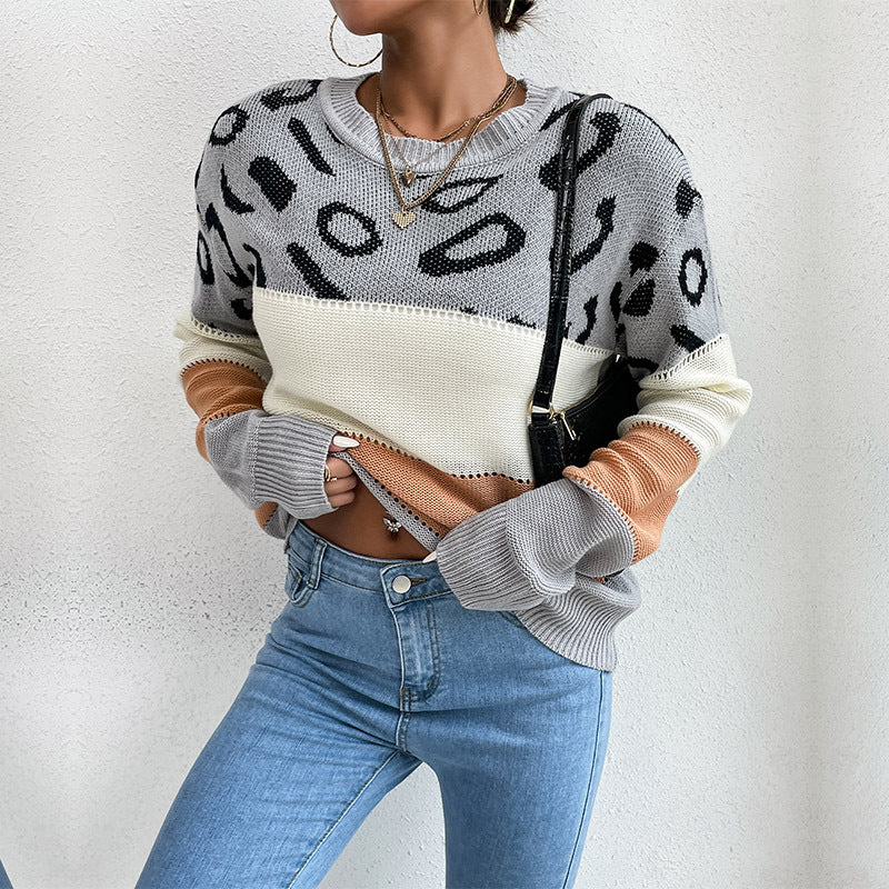 Damen Oversize-Feinstrickpullover mit Leoparden-Jacquard, Blockstreifen & offener Naht Nord Taschen