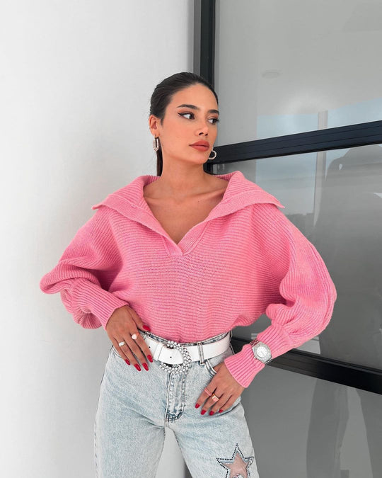 Damen Oversize Rippsweater mit Reverskragen und tiefem V‑Ausschnitt Nord Taschen