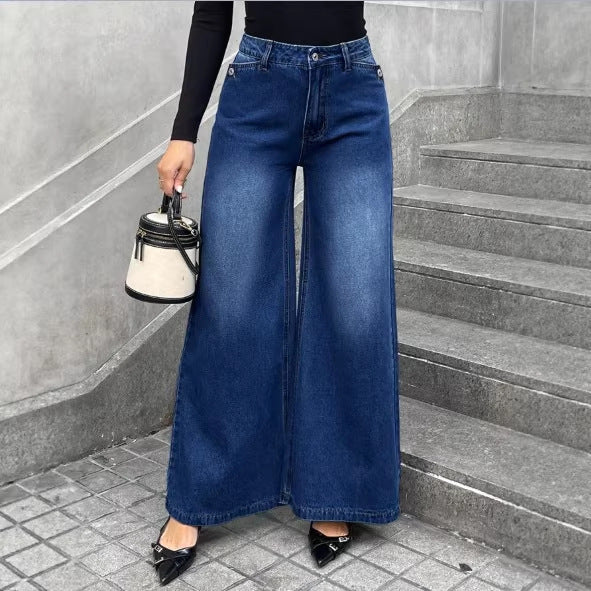 Damen High-Waist Denim-Palazzo-Hose mit fließendem Tellerfall und weitem Bein Nord Taschen