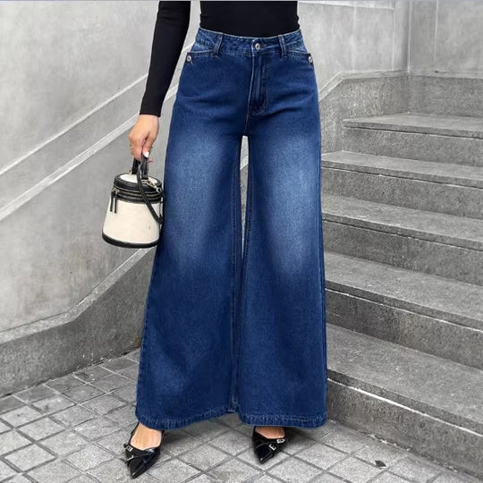 Damen High-Waist Denim-Palazzo-Hose mit fließendem Tellerfall und weitem Bein Nord Taschen