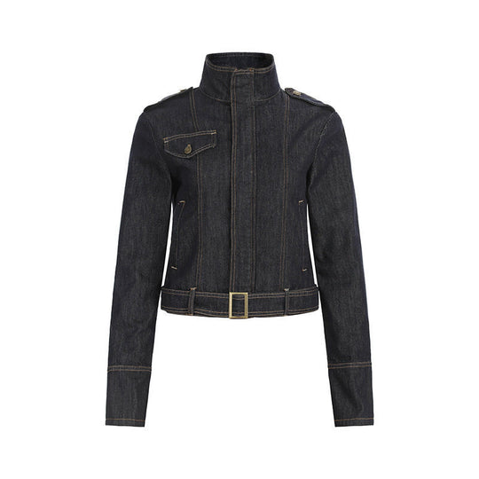 Damen taillierte Jeansjacke mit hohem Stehkragen, Taillengürtel und Schulterpatten Nord Taschen