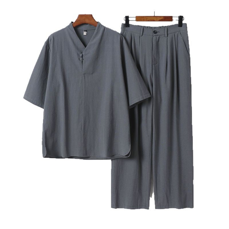 Herren Zweiteiliges Leichtes Kimono-Loungewear-Set mit Stehkragen Knotenverschluss Kurzarm und weiter Bundhose Nord Taschen