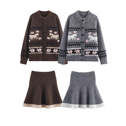 Damen Zweiteiliges Strick-Set mit Norwegermuster-Cardigan und ausgestelltem Rock Nord Taschen