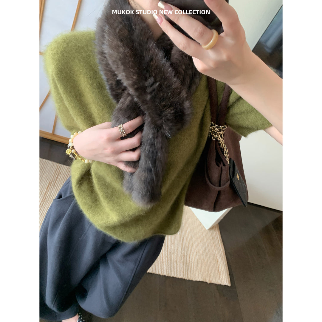 Damen Kurzarm Oversized Mohair-Feinstrickpullover Nord Taschen