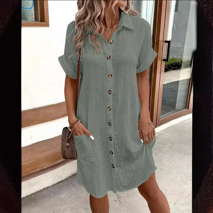 Damen Hemdblusenkleid aus leichtem Baumwollstoff mit praktischen Taschen und durchgehender Knopfleiste