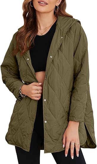 Damen gesteppte Kapuzenjacke mit Druckknopfleiste, seitlichen Schlitzen und mittlerer Länge Nord Taschen