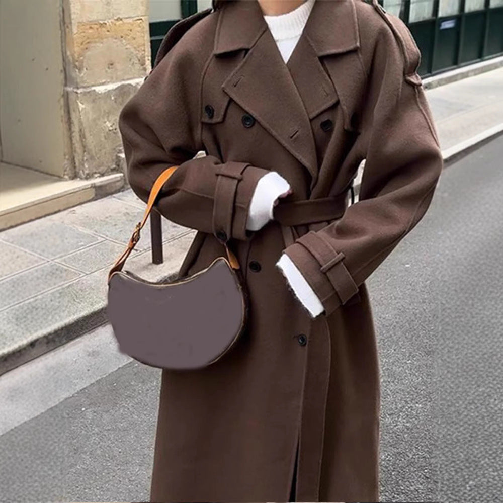 Damen Maxi-Wollmix-Mantel im Military-Stil mit breitem Revers und überschnittenen Ärmeln Nord Taschen