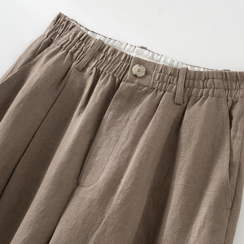 Damen Weite Leinenoptik-Hose mit hohem Elastikbund, Bundfalten und geradem Bein Nord Taschen