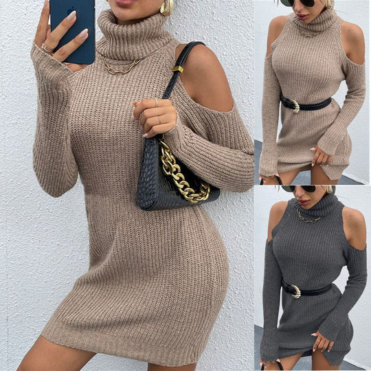 Damen Strickkleid mit offenen Schultern und hohem Kragen