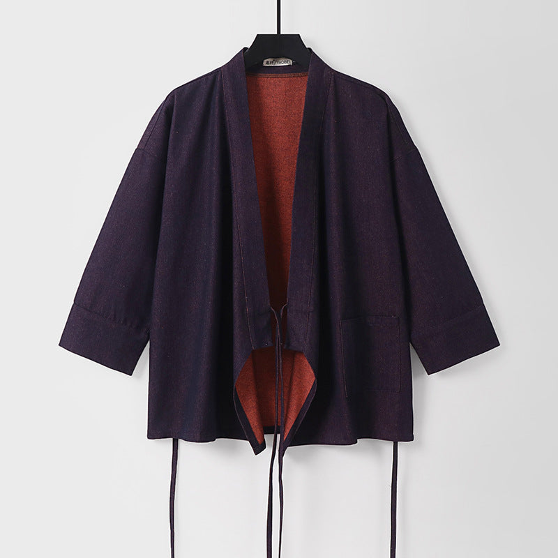 Damen Leichte zweifarbige Kimono-Jacke mit Bindebändern und kontrastiertem Innenfutter Nord Taschen