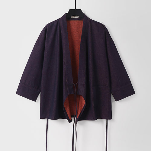 Damen Leichte zweifarbige Kimono-Jacke mit Bindebändern und kontrastiertem Innenfutter Nord Taschen