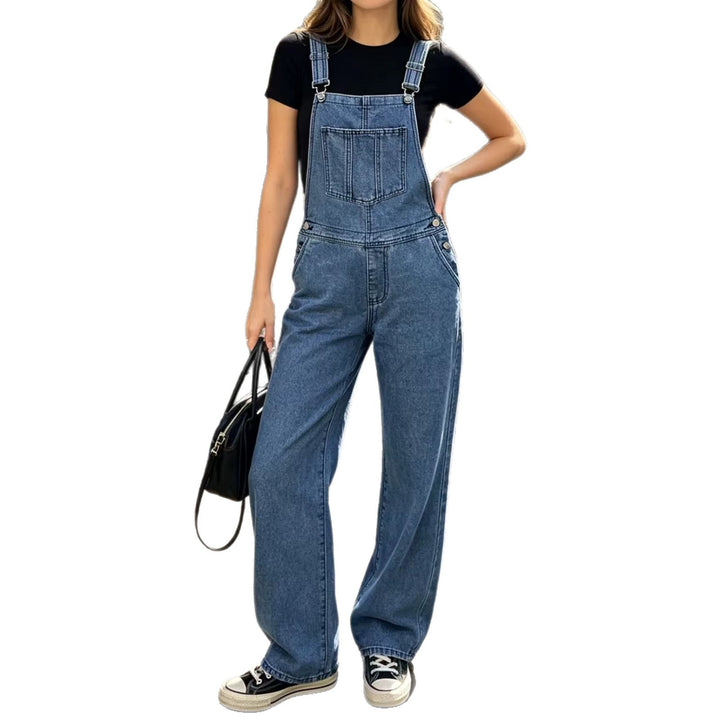 Damen weite Denim-Latzhose mit hoher Taille, verstellbaren Trägern und lässigem Schlag Nord Taschen