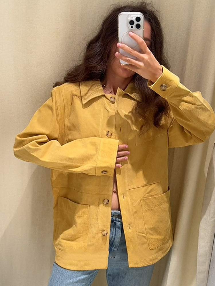 Damen Oversize Baumwoll-Worker-Jacke mit aufgesetzten Taschen Nord Taschen