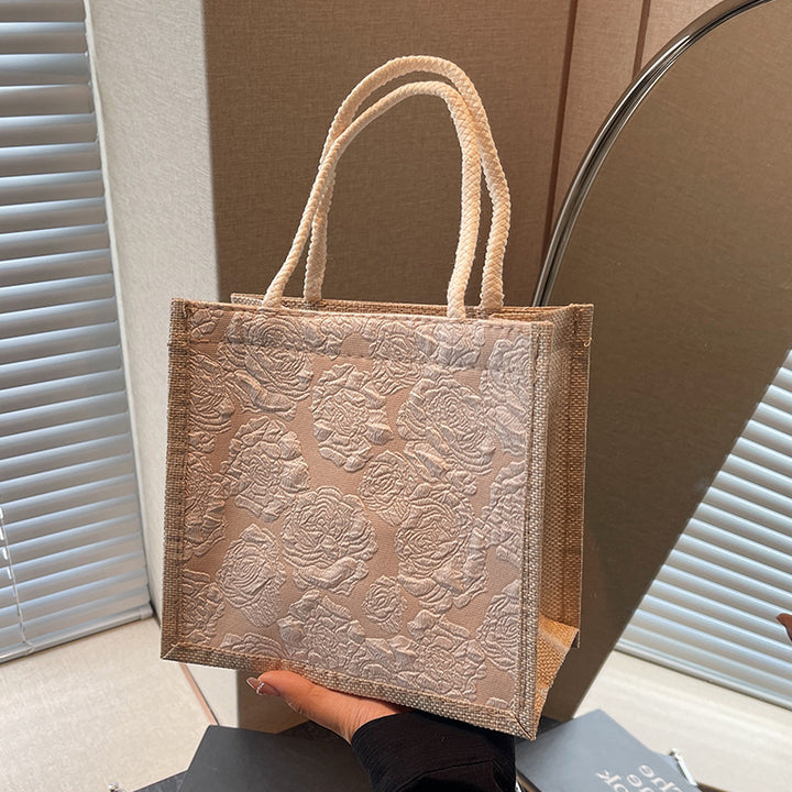 Damen Jute-Tasche mit elegantem Blütenmuster und praktischem Knopfverschluss Nord Taschen