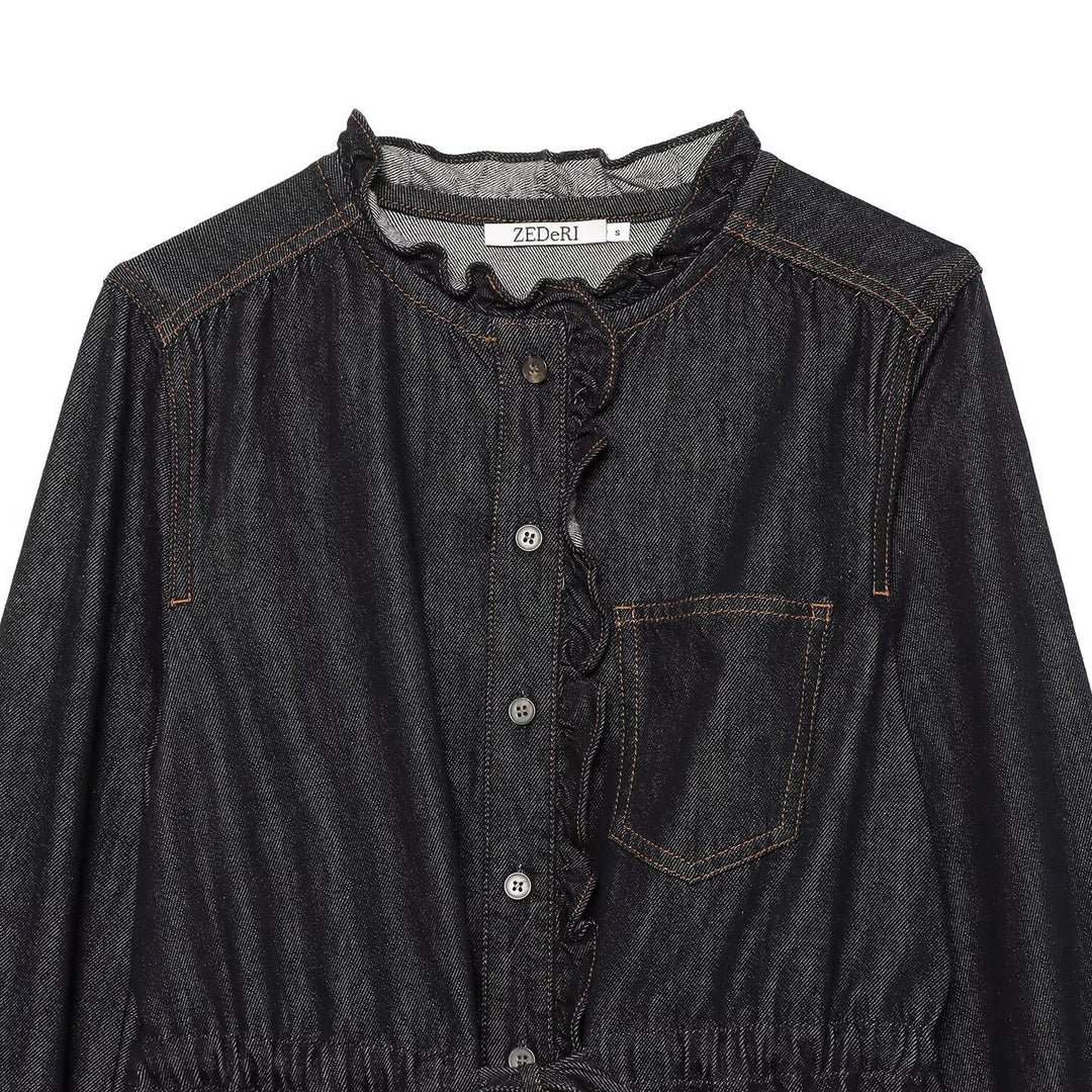 Damen Jeansbluse mit Rüschenleiste, Tunnelzug‑Taille und Manschettenärmel Nord Taschen