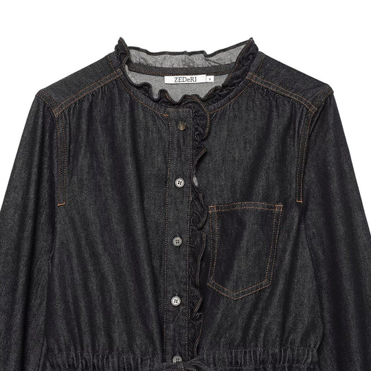 Damen Jeansbluse mit Rüschenleiste, Tunnelzug‑Taille und Manschettenärmel Nord Taschen