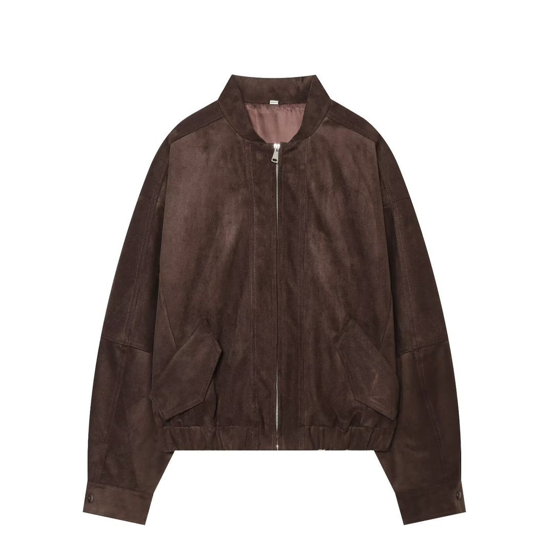 Damen Kurzer Wildlederoptik-Bomber mit Reißverschluss und aufgesetzten Taschen Nord Taschen