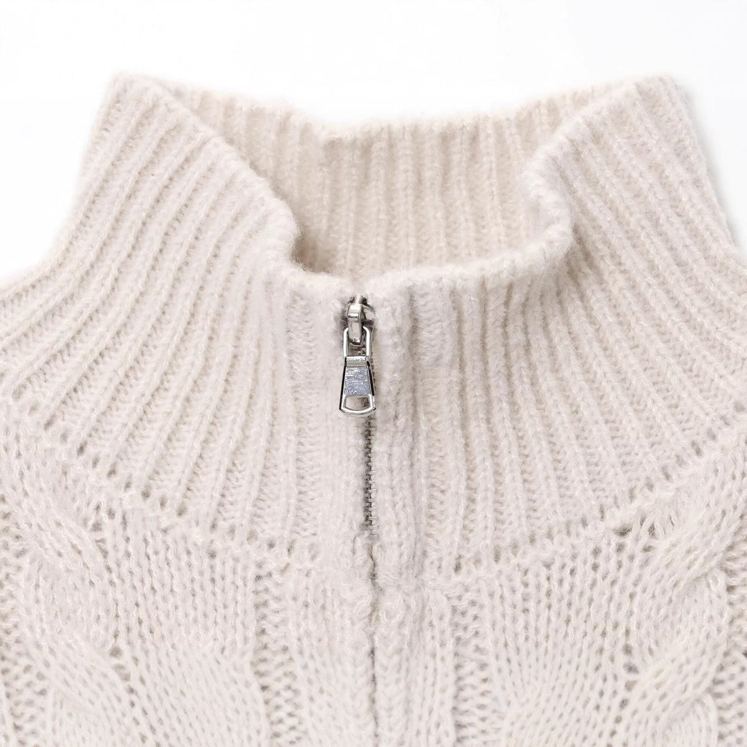 Damen Grobgestrickte Zopfstrick-Cardigan mit Stehkragen und Reißverschluss Nord Taschen