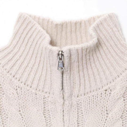 Damen Grobgestrickte Zopfstrick-Cardigan mit Stehkragen und Reißverschluss Nord Taschen