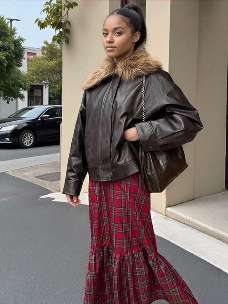 Damen Boxy Lederimitat-Blouson mit abnehmbarem Webpelzkragen und verdeckter Knopfleiste Nord Taschen