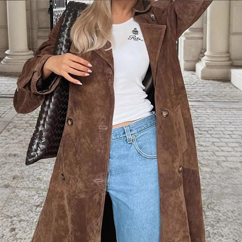 Damen Langer Doppelreihiger Trenchcoat aus Veloursleder-Optik mit Taillengürtel Nord Taschen