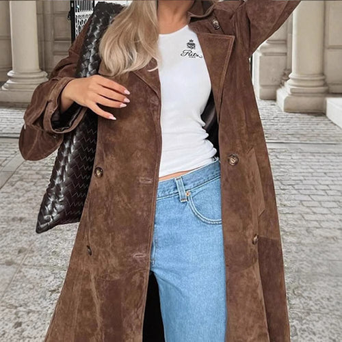 Damen Langer Doppelreihiger Trenchcoat aus Veloursleder-Optik mit Taillengürtel Nord Taschen