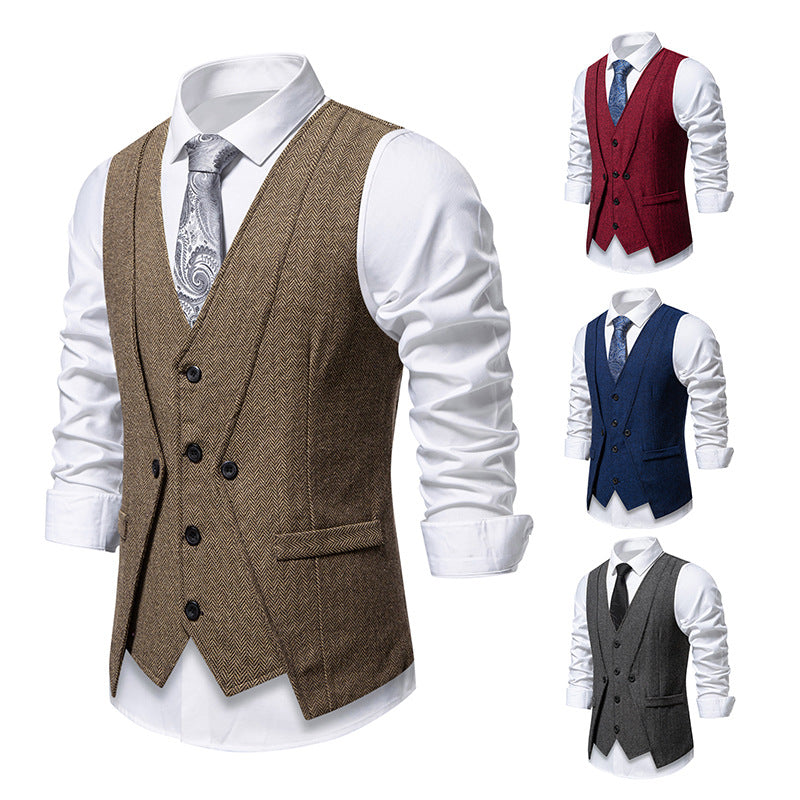 Herren Elegante Fischgräten-Tweedweste mit doppelreihiger Knopfleiste und Pattentaschen Nord Taschen