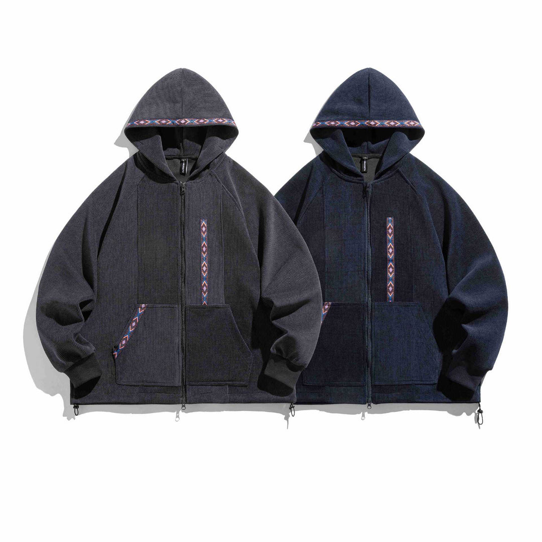 Unisex Oversize Kapuzen-Zipjacke aus geripptem French‑Terry mit Zierband Nord Taschen