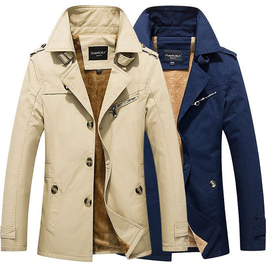 Herren mittellanger doppelreihiger Trenchcoat mit Teddyfutter und Stehkragen Nord Taschen