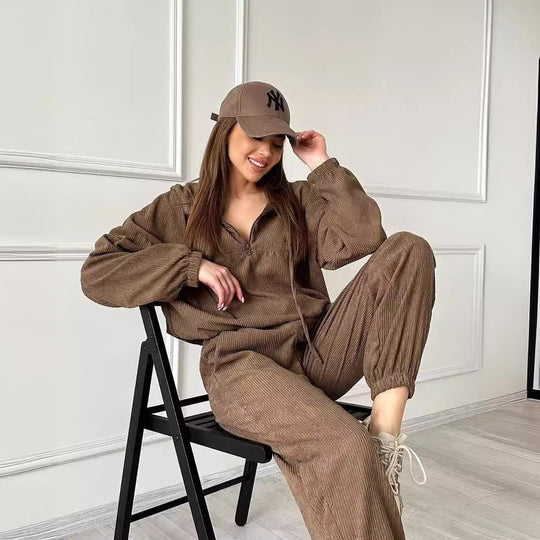 Damen Cordstoff Loungewear-Set mit Kapuzenpullover und Jogginghose Nord Taschen